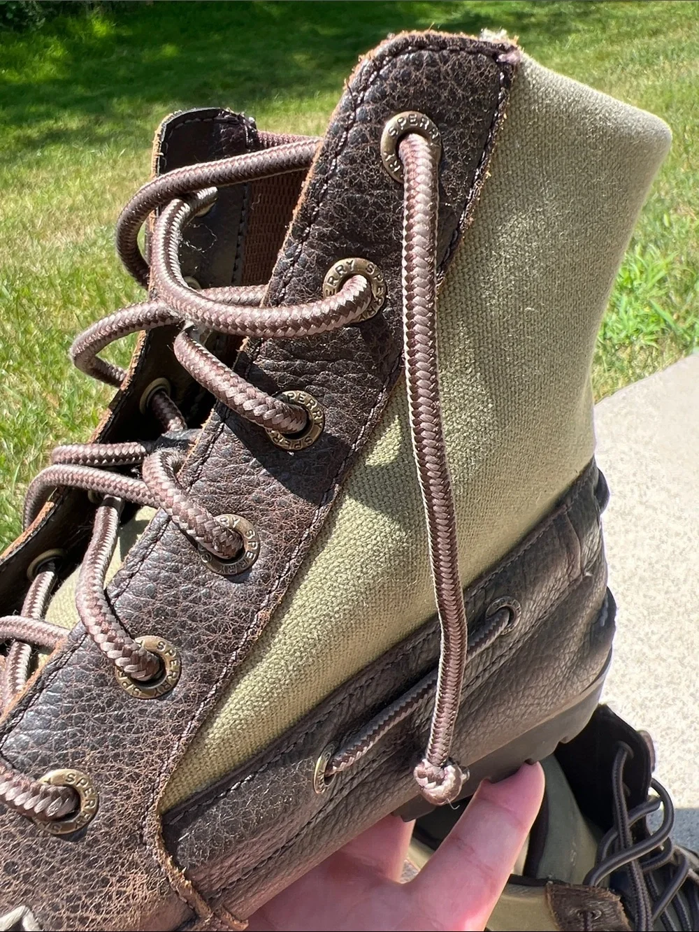 Sperry Top-Sider Brown Leather Green Canvas Boat Boots Hunting Boots Men’s 11.5M